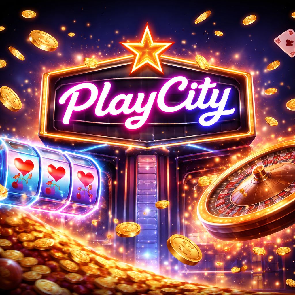 Vibrante letrero de neón PlayCity brillando sobre una cascada de monedas doradas, carretes coloridos de tragamonedas y ruedas de ruleta.