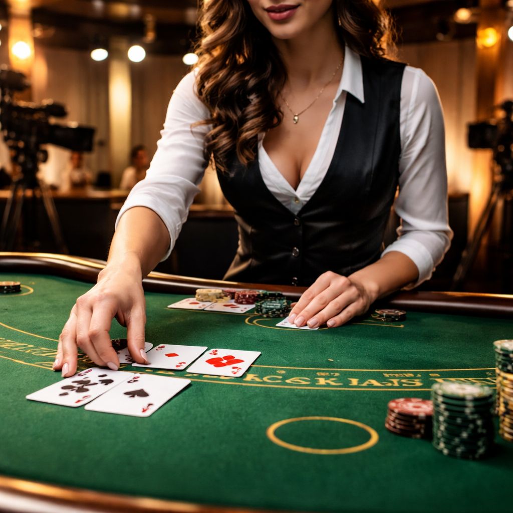 Primer plano de un crupier profesional colocando cartas sobre una mesa de fieltro verde dentro de un moderno estudio de casino en vivo.
