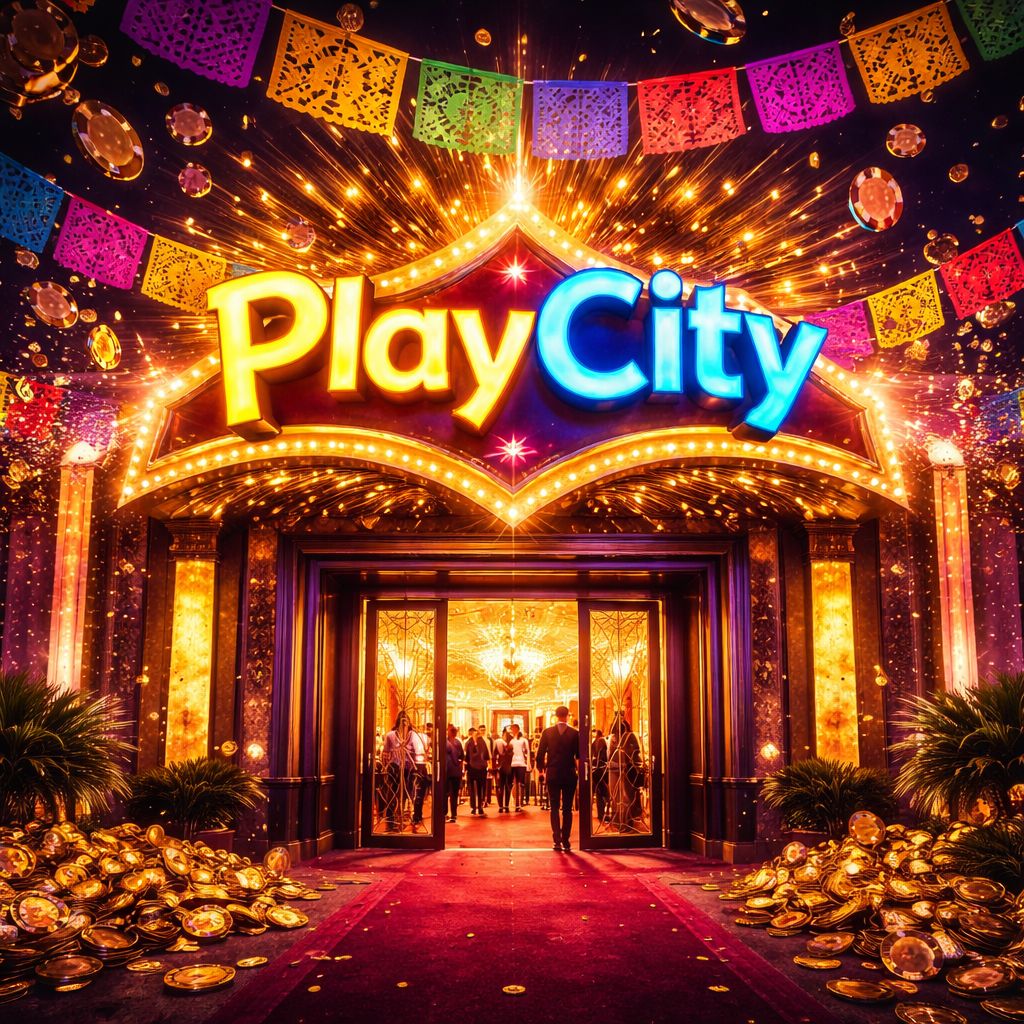 Entrada vibrante del casino PlayCity con luces de neón brillantes, monedas doradas cayendo y decoraciones festivas con temática mexicana.