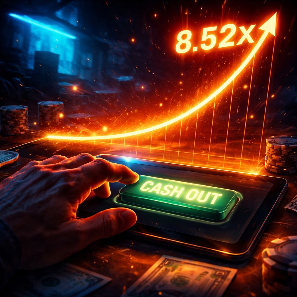 Una curva de multiplicador ascendente en una pantalla de juego crash con el dedo de un jugador sobre el botón de cobro en PlayCity.