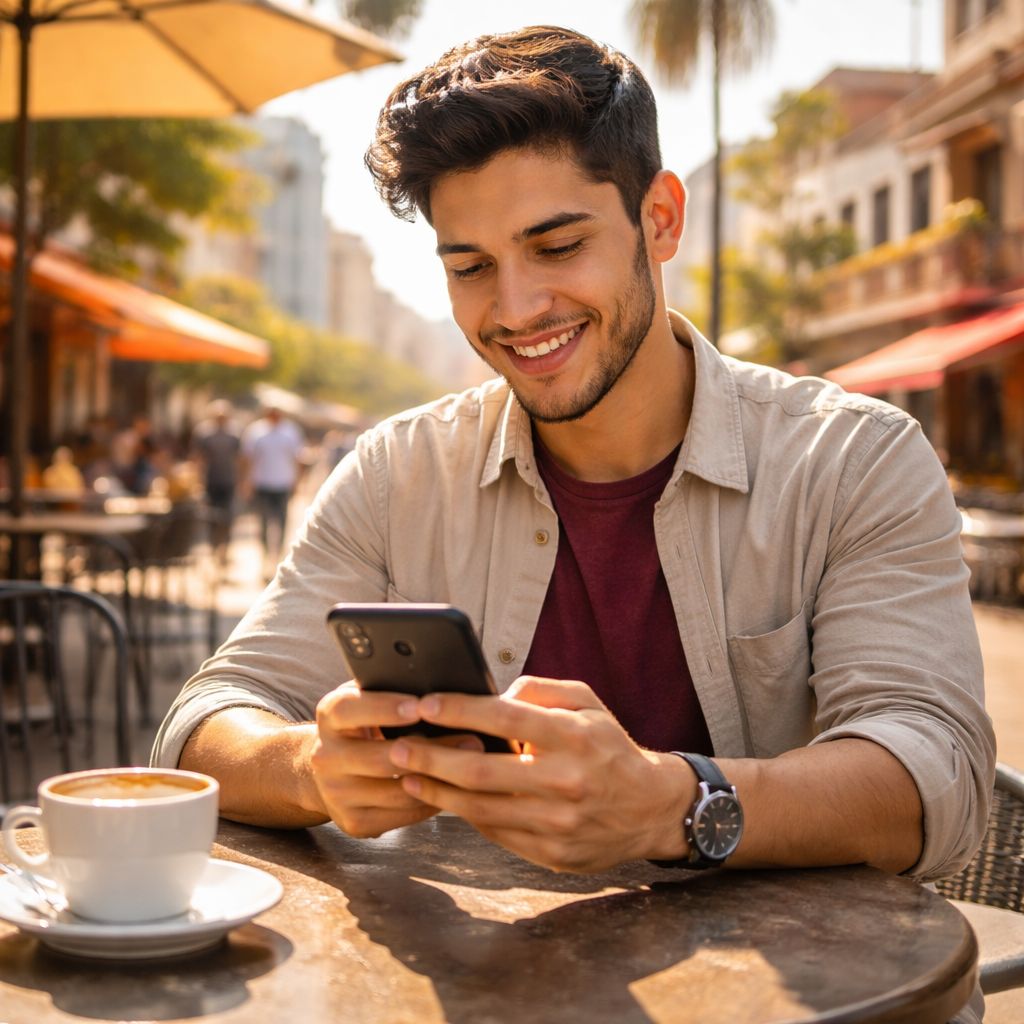Un jugador mexicano usando un smartphone para registrarse en el casino PlayCity mientras se relaja en un café en Ciudad de México.